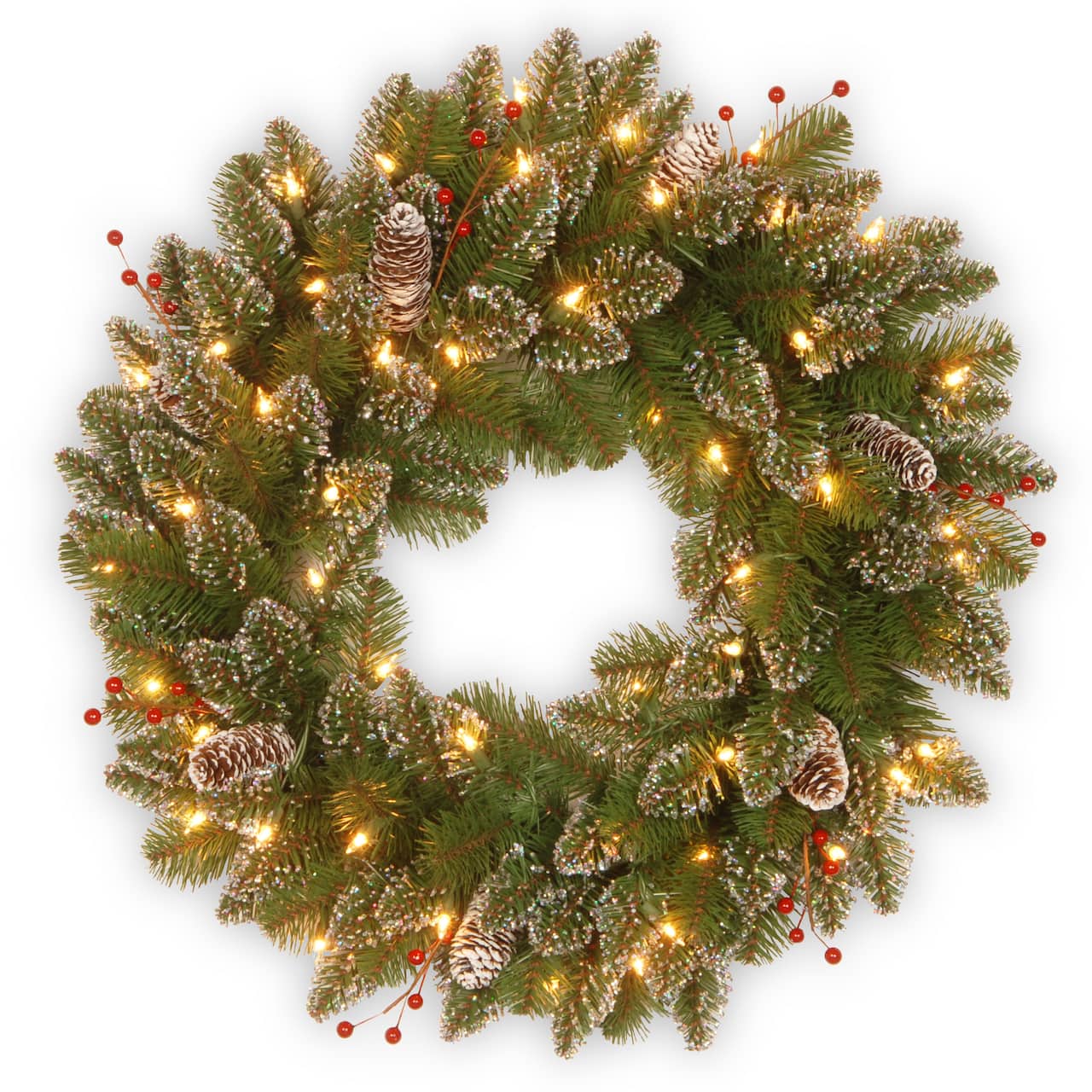 24&#x22; Glittery White Edged Cones &#x26; Red Berries Mountain Spruce Wreath With Warm White LED Lights